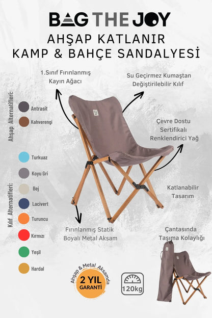 BAG THE JOY KATLANIR AHŞAP KAMP ve BAHÇE SANDALYESİ – KAHVERENGİ İSKELET – KOYU GRİ KILIF