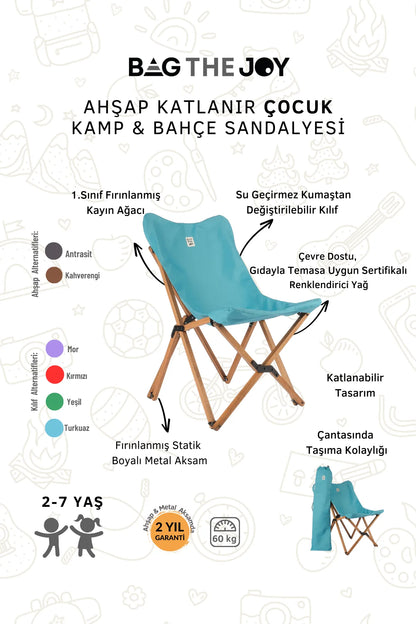 BAG THE JOY KIDS KATLANIR AHŞAP KAMP & BAHÇE SANDALYESİ KAHVERENGİ İSKELET – TURKUAZ KILIF