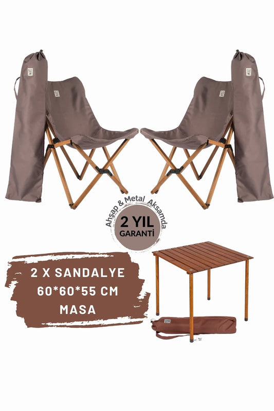 BAG THE JOY AHŞAP KATLANIR MASA SANDALYE SETİ – KAHVERENGİ – KOYU GRİ -60*60*55
