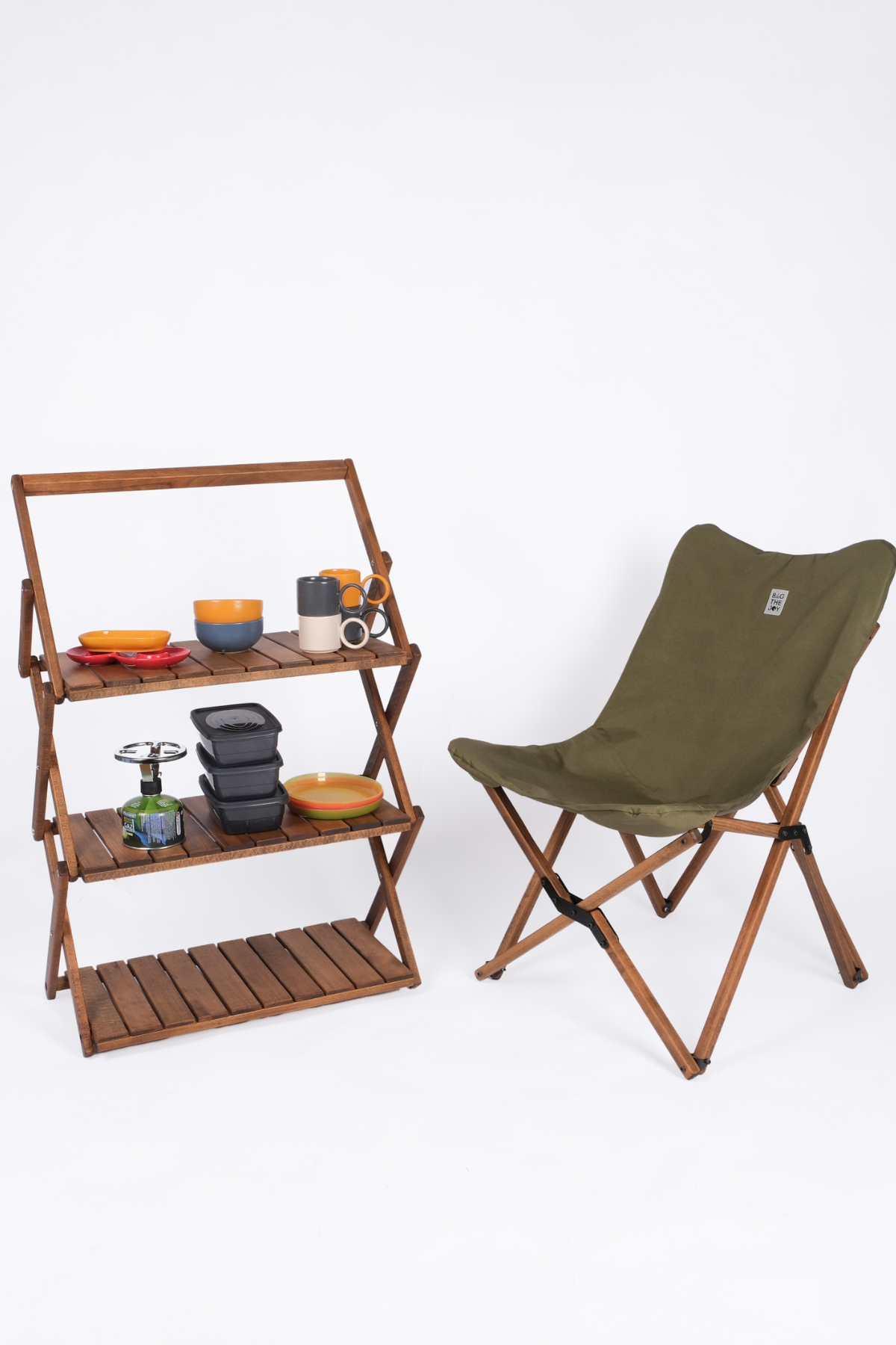 BAG THE JOY KATLANIR AHŞAP KAMP ve BAHÇE SANDALYESİ – KAHVERENGİ İSKELET – HAKİ KILIF