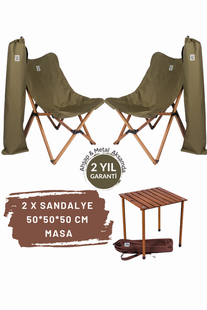 BAG THE JOY AHŞAP KATLANIR MASA SANDALYE SETİ – KAHVERENGİ – HAKİ – 50*50*50cm