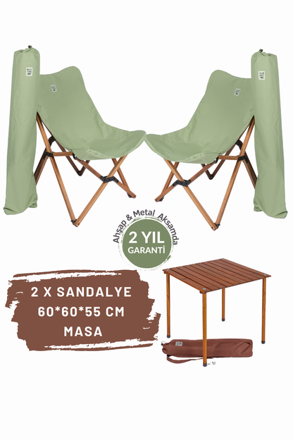BAG THE JOY AHŞAP KATLANIR MASA SANDALYE SETİ – KAHVERENGİ – SU YEŞİLİ – 60*60*55cm