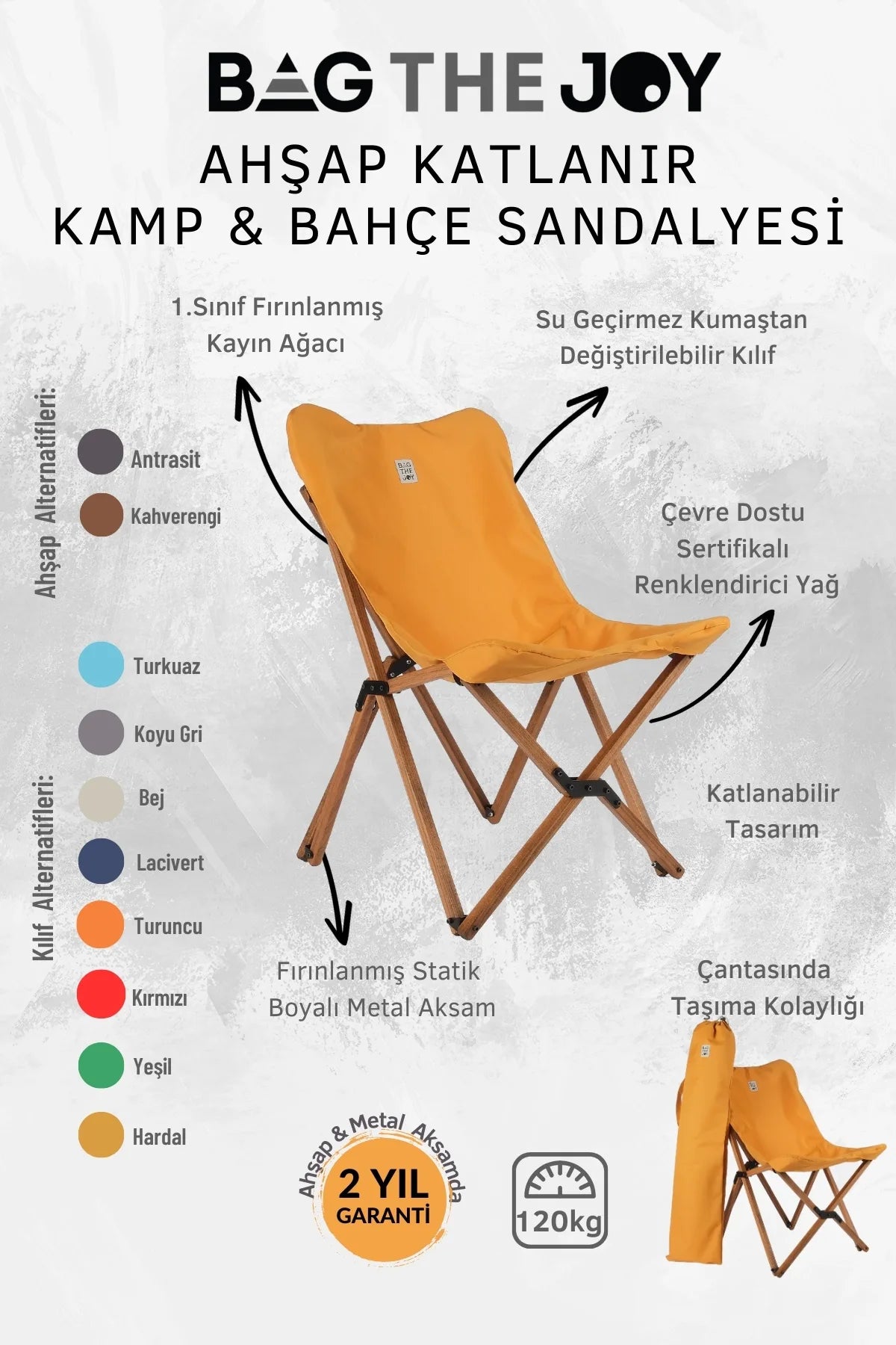 BAG THE JOY KATLANIR AHŞAP KAMP ve BAHÇE SANDALYESİ – KAHVERENGİ İSKELET – HARDAL KILIF